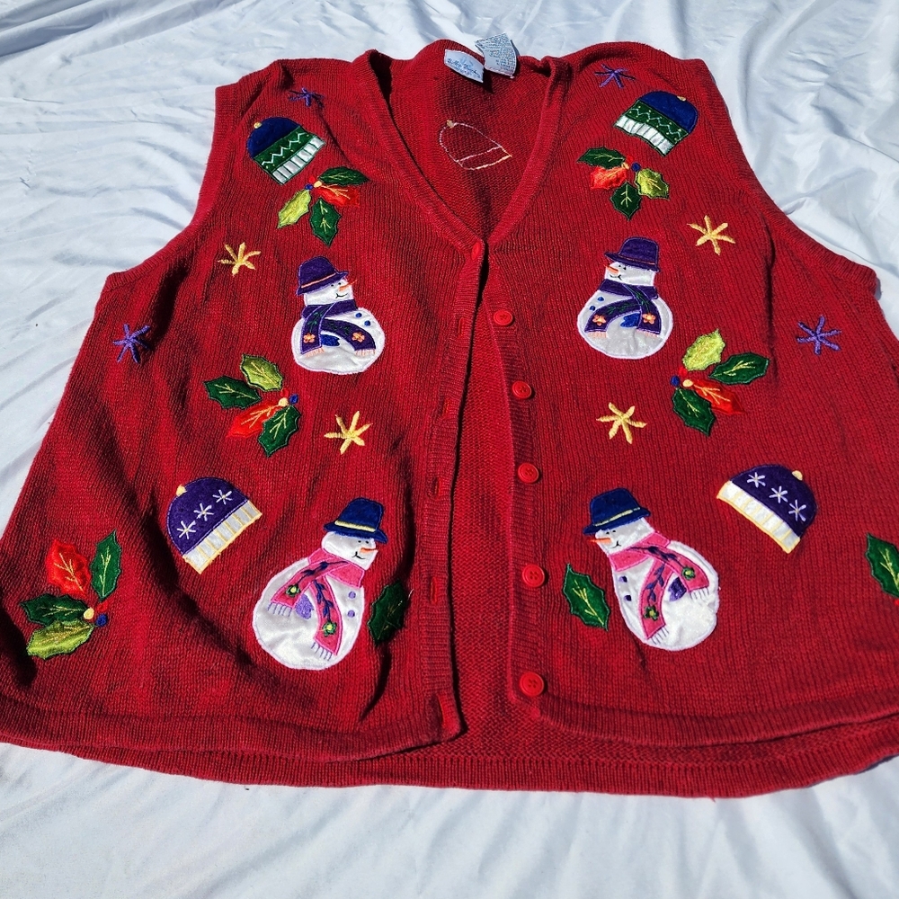 Vtg Bobbie Brooks Women’s Christmas Snowman Ugly Sweater Vest Red SZ 26-28